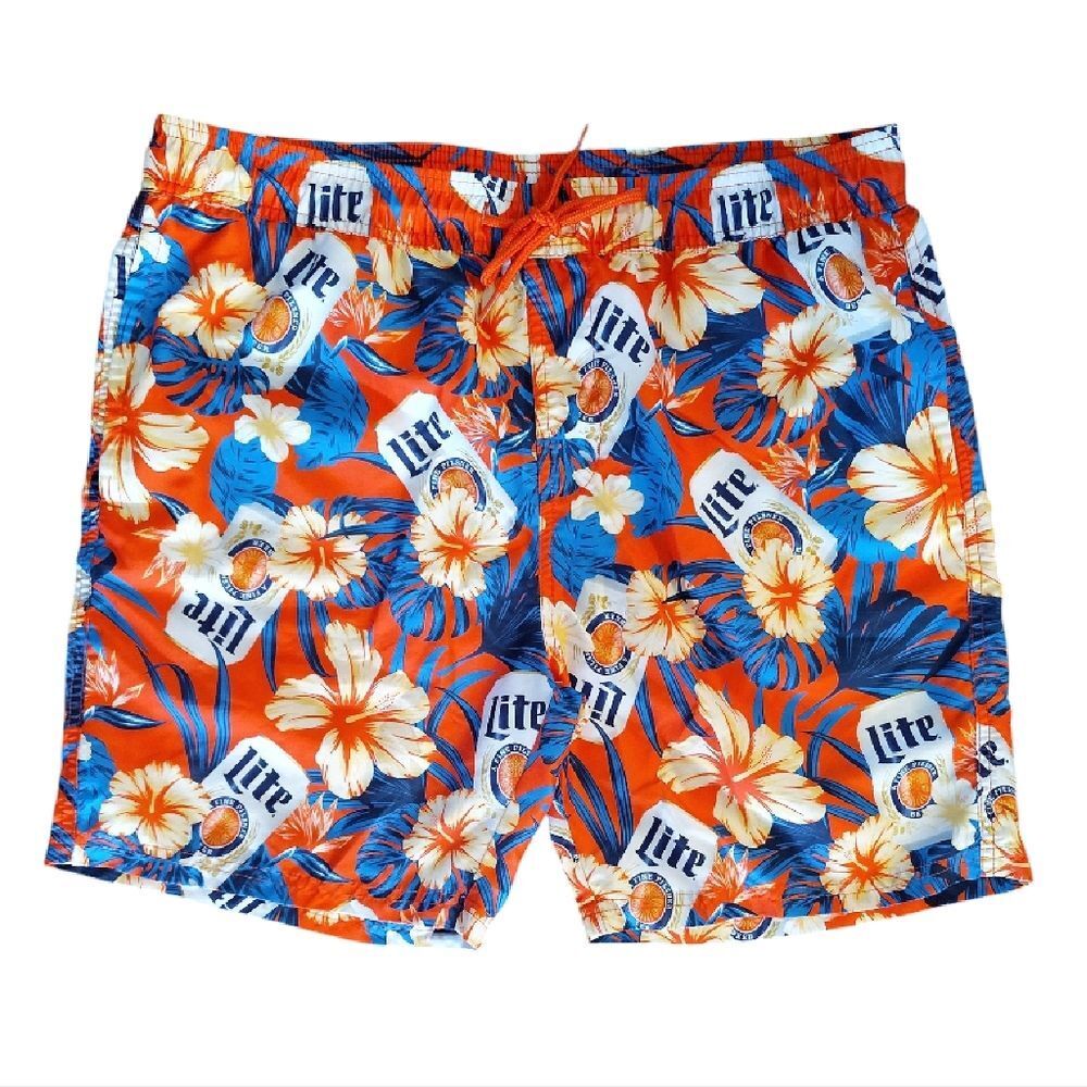 Miller Lite Orange Tropical Printed Swim Trunks 7" Inseam Shorts Large